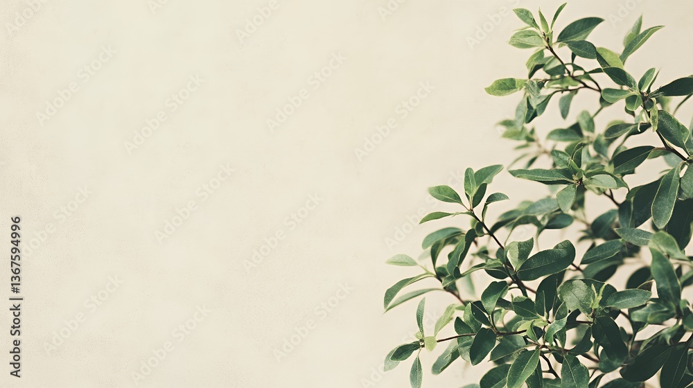 Naklejka premium Lush green leaves against a soft, neutral background.