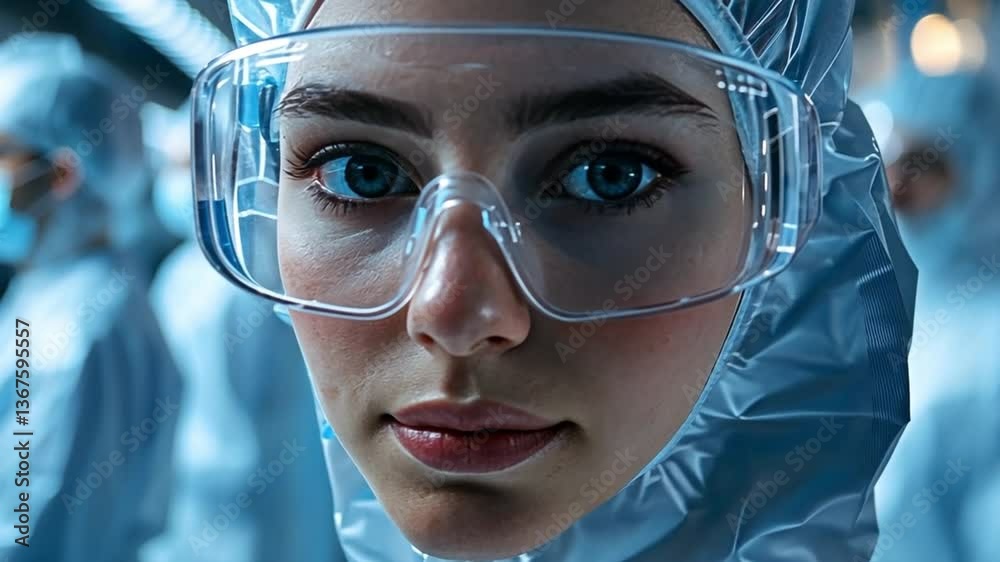 Inquisitive Gaze: A focused scientist peers intently through safety goggles, embodying expertise and the pursuit of knowledge in a high-tech laboratory. Inquisitive Gaze: A focused scientist peers intently through safety goggles, embodying expertise and the pursuit of knowledge in a high-tech laboratory.