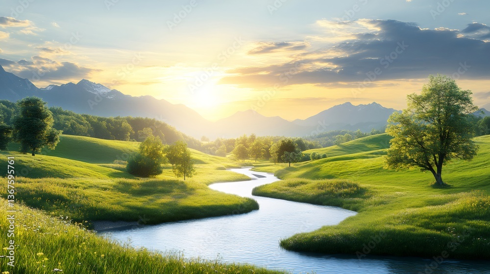 Obraz premium Serene river flowing through green meadow at sunset