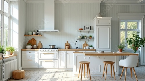 Bright scandinavian-style kitchen with white cabinets and natural wood accents