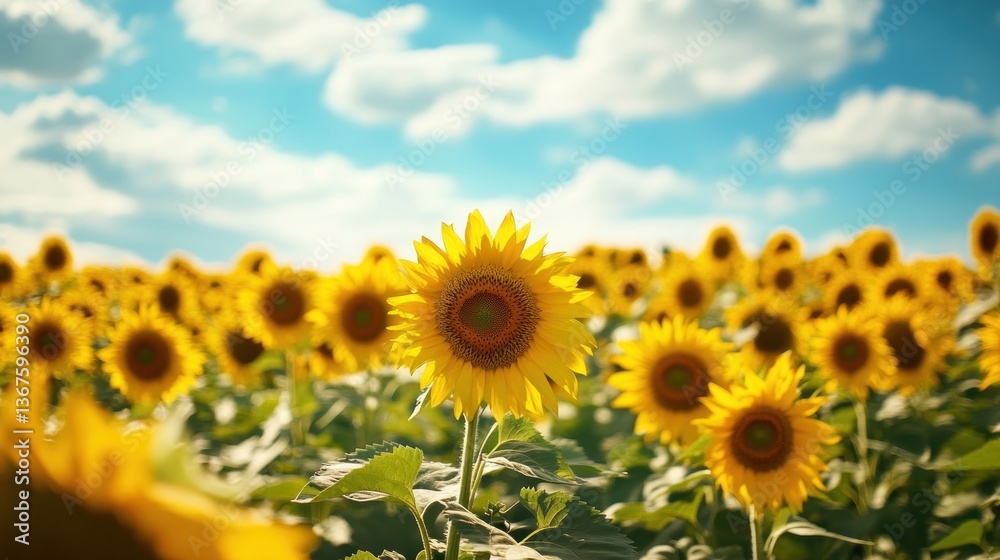 Obraz premium Vibrant Sunflowers Stretching to the Horizon Under a Bright Summer Sky