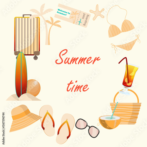 summer vacation  objects around the words summer time on white background vector