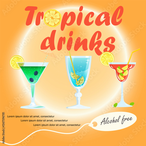 illustration with lettring tropical drinks with three glasses lettering non-alcoholic on yellow background white circle