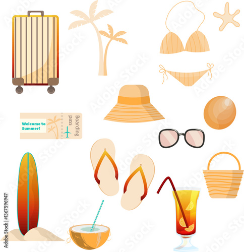 set of stickers sea vacation items isolated vector