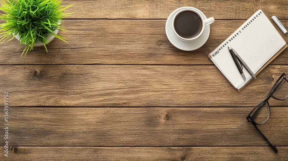 Office Desk Top View Coffee, Notepad, Plant Office Desk Top View Coffee, Notepad, Plant