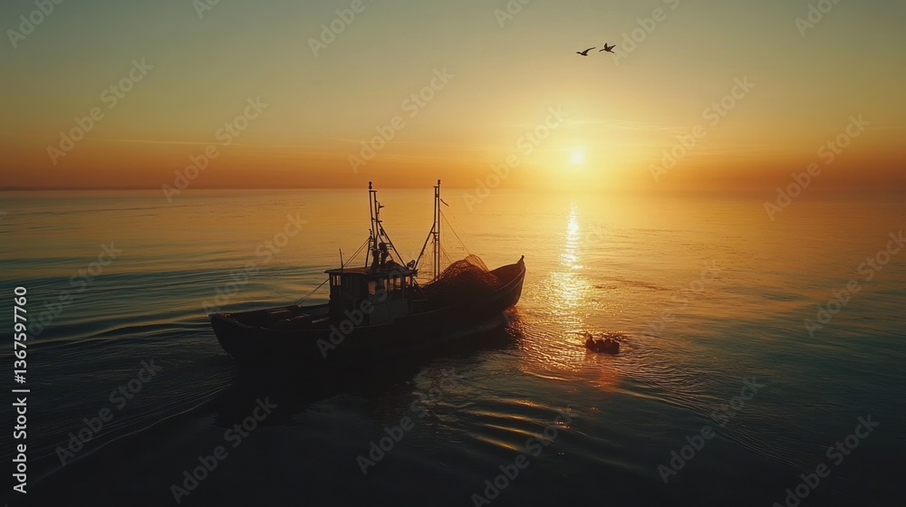 Fishing Boat Returning Home at Sunset: Serene Maritime Scene with Golden Light Fishing Boat Returning Home at Sunset: Serene Maritime Scene with Golden Light