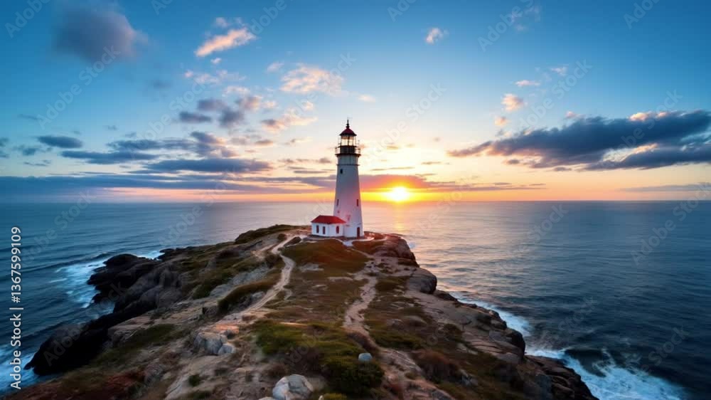 Panoramic aerial view of the lighthouse along with the ocean in the background at sunset Panoramic aerial view of the lighthouse along with the ocean in the background at sunset