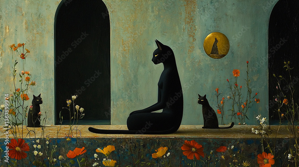 Mystical portrayal of Bastet the cat in an ancient garden adorned with vibrant flowers