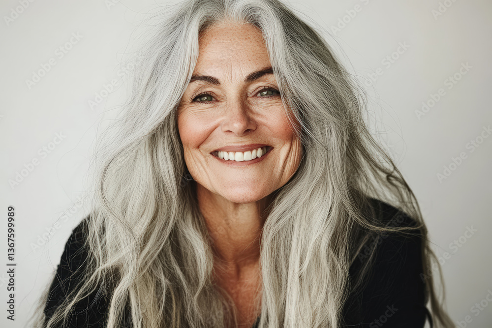 Fototapeta premium Smiling Senior Woman with Long Silver Hair 