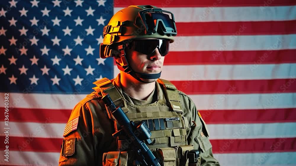 American Soldier in Uniform Standing in Front of the US Flag American Soldier in Uniform Standing in Front of the US Flag