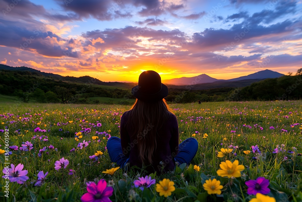 Fototapeta premium Woman Meditating Sunset Meadow