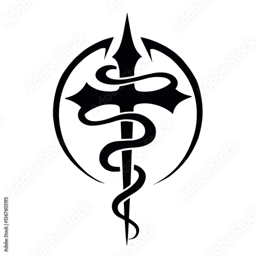 Medical symbol with snake and staff design in black vector style  