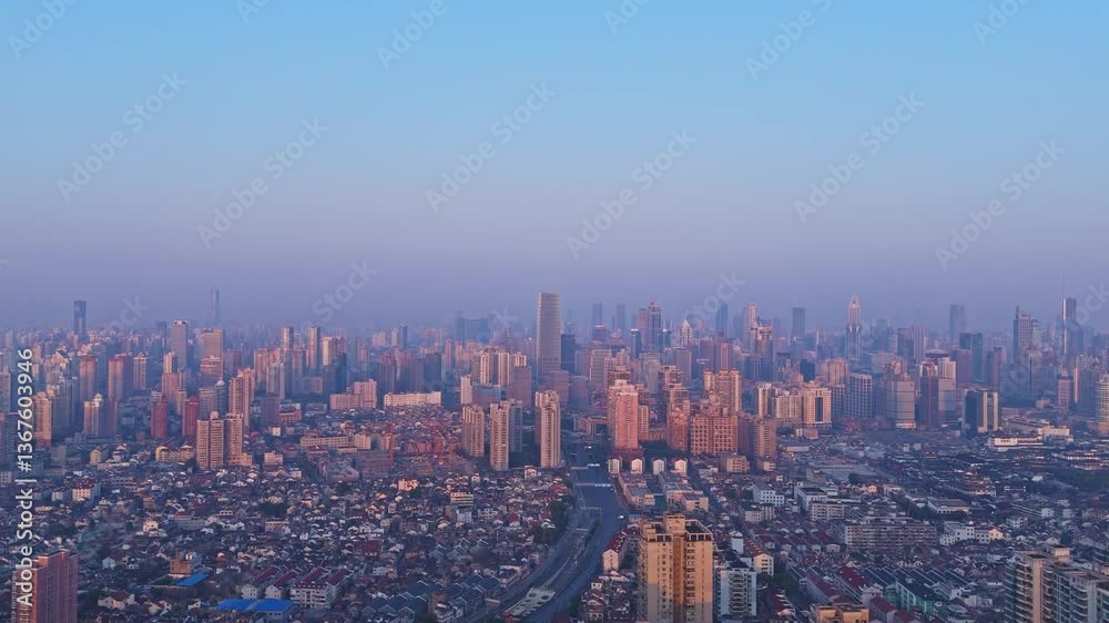 4K real time Aerial view of Shanghai modern buildings and traditional residential buildings at sunrise. 4K real time Aerial view of Shanghai modern buildings and traditional residential buildings at sunrise.