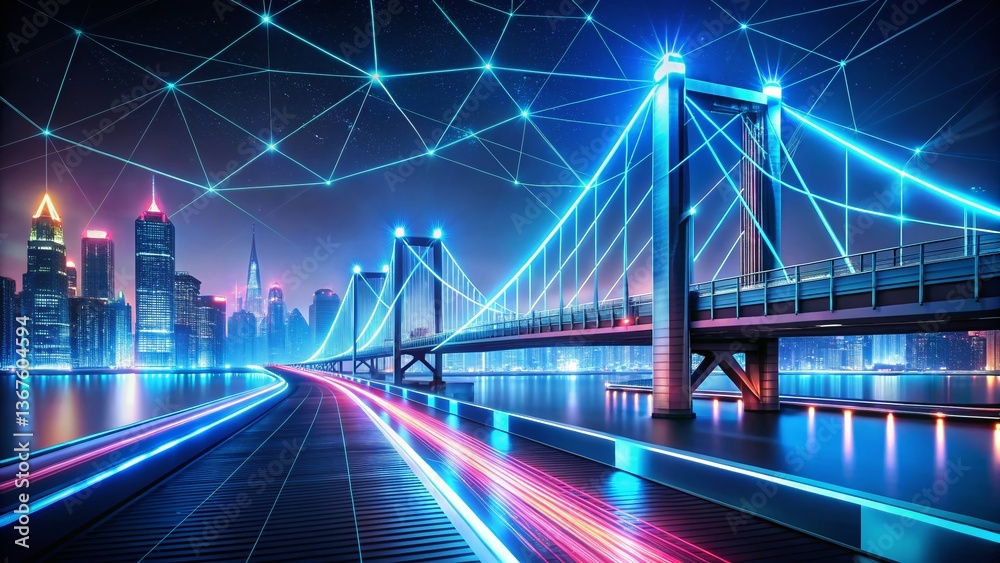 Futuristic Glowing Bridge Blueprint Night City Skyline Minimalist Stock Photo Futuristic Glowing Bridge Blueprint Night City Skyline Minimalist Stock Photo