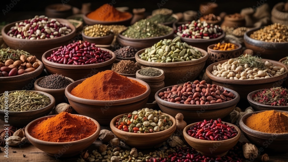A vibrant array of spices displayed in circular containers, A vibrant array of spices displayed in circular containers,