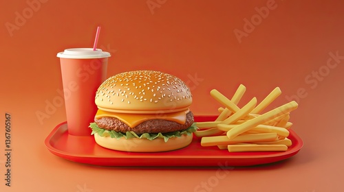 3D fast-food meal set. Burger, fries, soda cup, ketchup, tray, restaurant table for quick meals and fast dining, illustration
