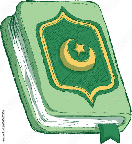 Hand-Drawn Sketch of a Holy Book with Crescent Moon and Star Symbol