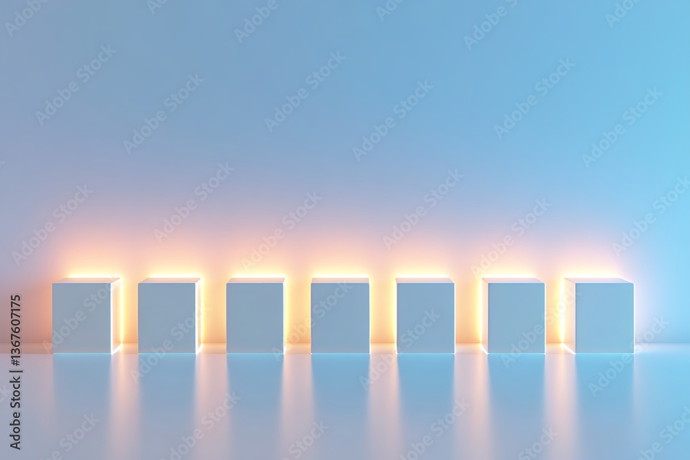 A futuristic row of illuminated square blocks with soft light effects. A futuristic row of illuminated square blocks with soft light effects.