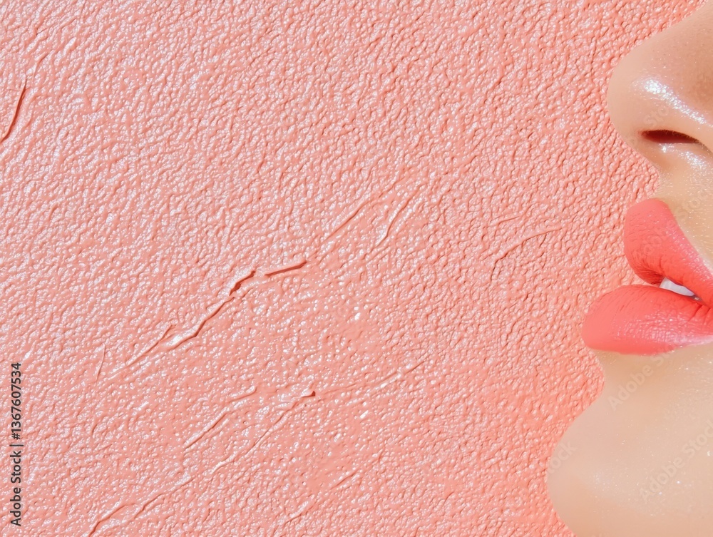 Fototapeta premium Captivating close-up of soft lips against textured coral wall lifestyle portrait studio setting beauty concept