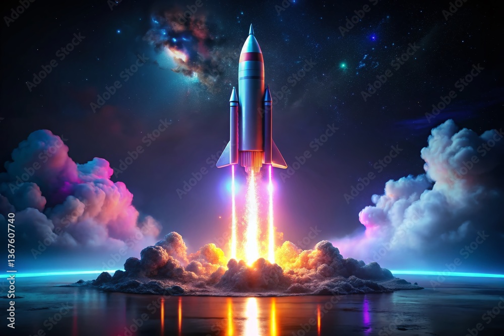 Fototapeta premium Futuristic Rocket Launch at Night: 3D Rendered Space Startup on Transparent Background