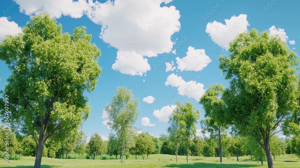 Fototapeta premium Tranquil nature scene vibrant green trees outdoor landscape clear sky peaceful atmosphere