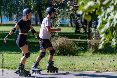 Fotografie Young couple enjoys rollerblading on a sunny summer day in a lush park