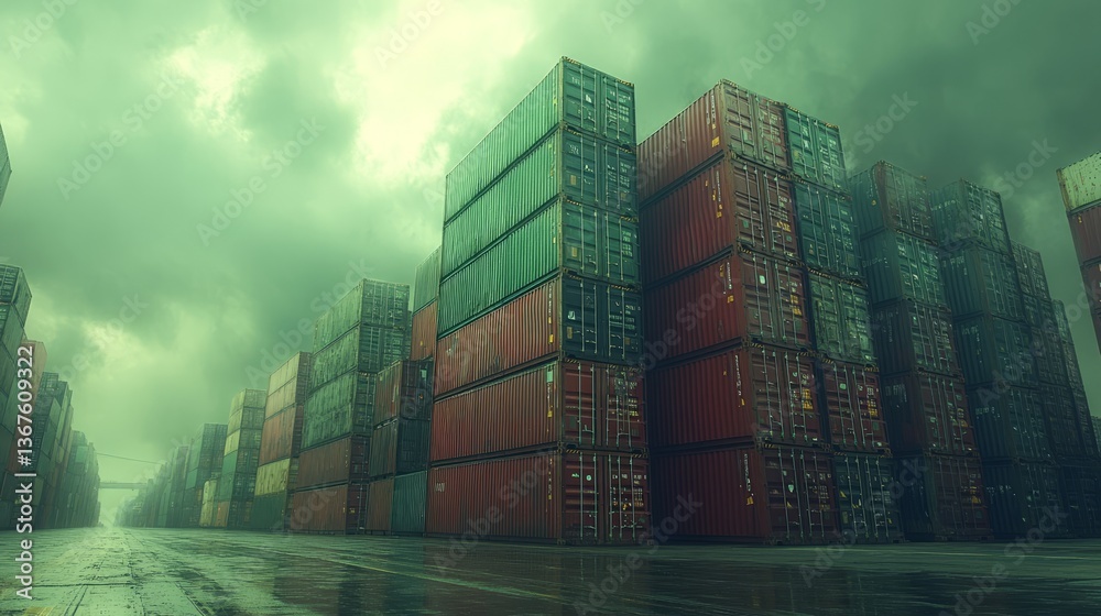 Fototapeta premium Vibrant shipping containers tower against a dramatic sky, evoking an atmosphere of intrigue and potential at a bustling cargo terminal
