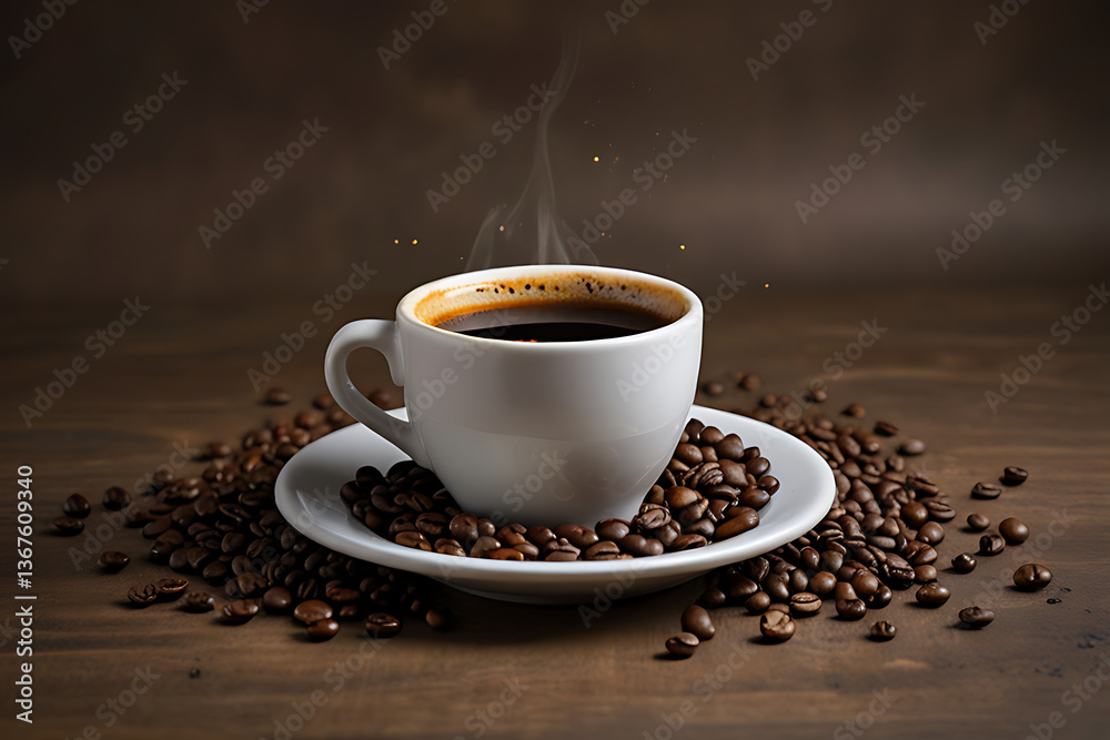 Fototapeta premium A cup of coffee with coffee beans on a saucer.