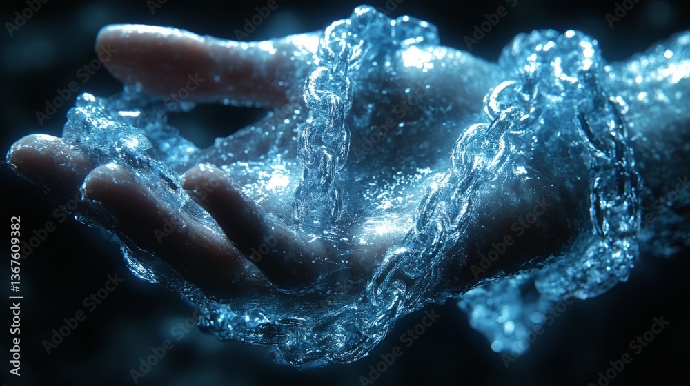 Fototapeta premium A hand in fluid, entwined with shimmering chains, evokes confinement and beauty
