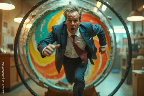 Running away from a vicious circle. A man in a business suit runs out a hamster wheel.