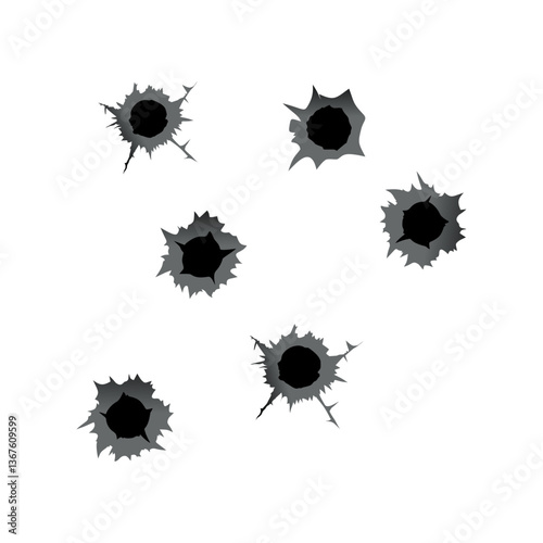 Bullet hole. Realistic metal bullet hole, damage effect. Vector illustration