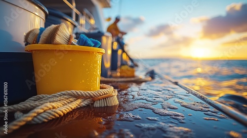 Cleaning tools rest on a boat as the sun rises, casting golden hues over gentle waves