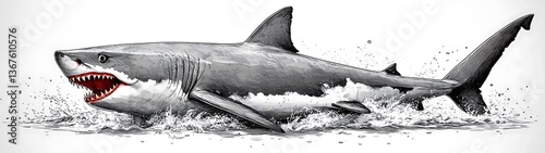 A large predatory shark with open jaws in ocean water