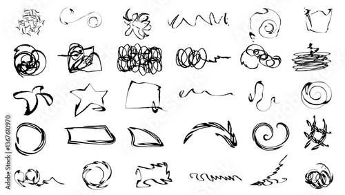 Scribble crayon.Arrows with grunge lines.Graphic box  arrows, highlighters, underline, round, stars, alphabet, doodles. Scribble drawn.marker sketch brush texture. Rough chalk vector illustration.
