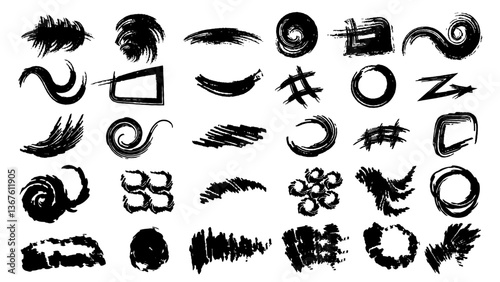 Vector hand drawn ink design elements. Vector doodle drawing. Freehand curved arrows, swirls, crosses, circles, and squiggle.Brush line set. Vector calligraphy paint strokes. Vintage ink brushstrokes.