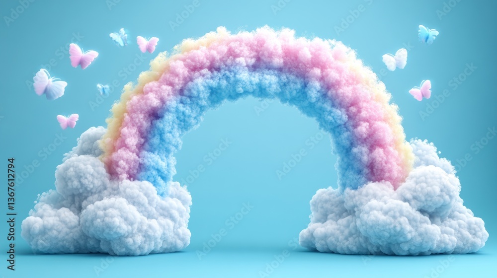 Fototapeta premium Pastel rainbow arch in clouds with butterflies.