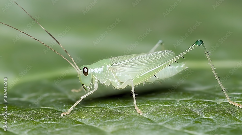 Fototapeta premium Macro Photo of a Pale Green Katydid on a Leaf