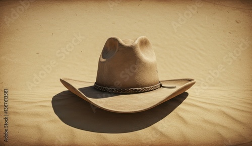 Cowboy hat on sand in desert. Captures Western culture, outdoor lifestyle, nostalgic themes.