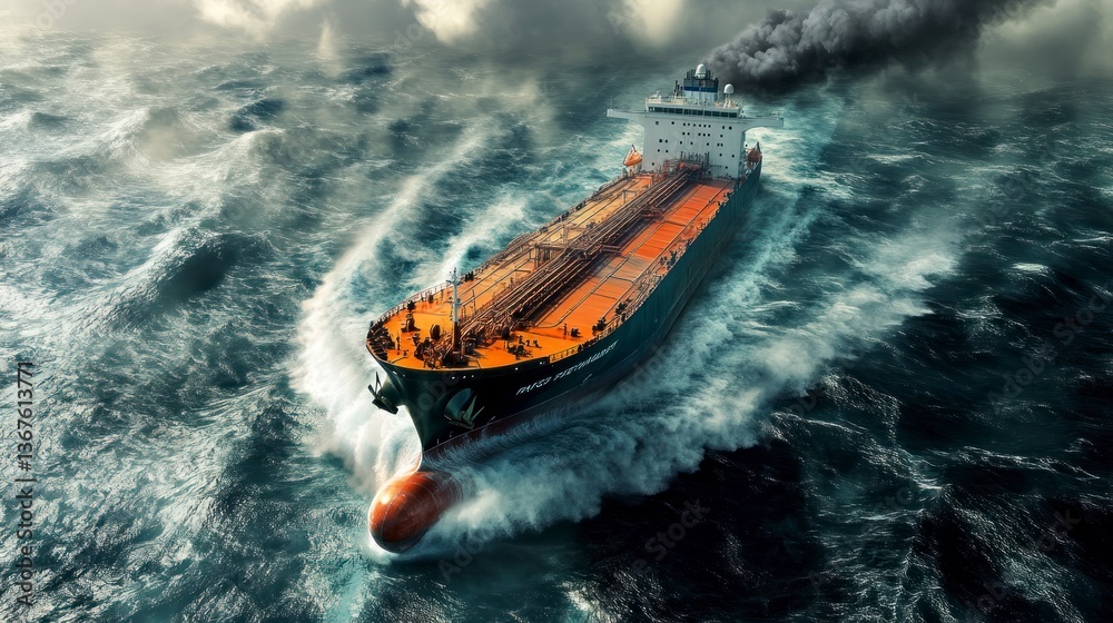 Fototapeta premium Cargo Ship Navigating Stormy Ocean Waters with Dramatic Waves and Dark Smoke