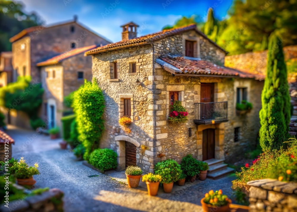 Fototapeta premium Girona, Spain: Charming Stone House in Picturesque Village - Tilt-Shift Photography
