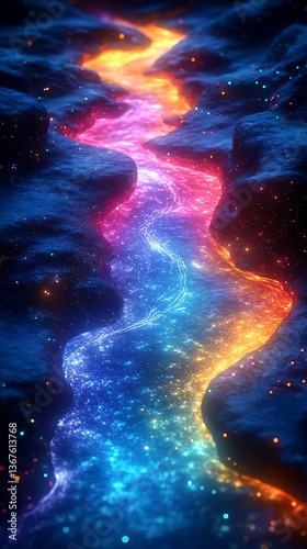  Glowing Rainbow River Flowing Through Dark Rocky Terrain