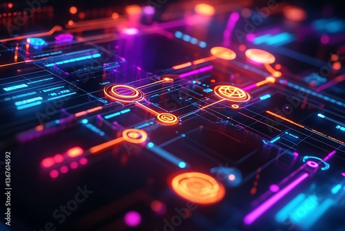 A detailed timeline of a business plan rollout with vibrant colors, digital markers, and futuristic icons