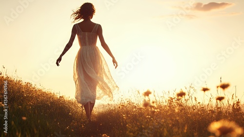 Silhouetted woman in white dress walking through a sunlit field of flowers.