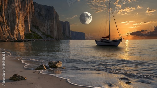 A tranquil sunset over a serene sea with a sailboat and a large moon.