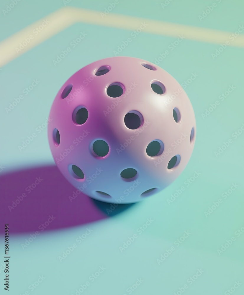 Close-up of a pastel pink perforated pickleball ball on a vibrant mint-green court, a modern, minimalistic aesthetic Close-up of a pastel pink perforated pickleball ball on a vibrant mint-green court, a modern, minimalistic aesthetic