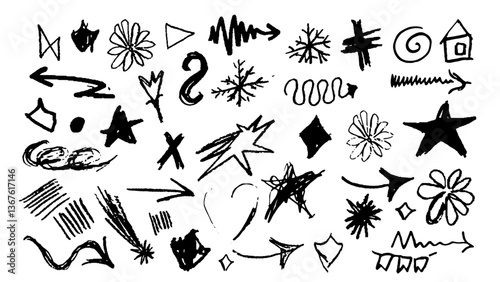 Set of black icons. Scribbles and blots.Pencil-drawn doodles.Strokes, bends, lines. Black ink stencils. Set Quirky scribbles.
