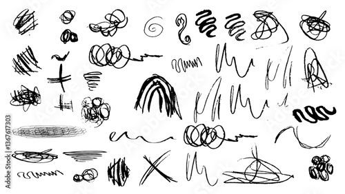 Set  of hand drawn sketch doodle elements  dirty texture.Texture abstract chalk, crayon pencil style. Vector illustration.Arrow line hand drawn brush sketch element set. Grunge square, heart, arrow .