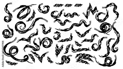 Marker underline. Grunge brush strokes, lines, ink smudges, hand-drawn scribble shapes. Handmade sketchy marks, acrylic stains, charcoal streaks. Paint textures, dry brush effect.