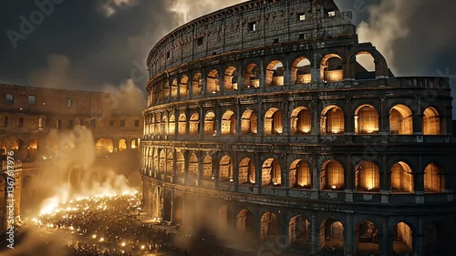 Ancient Roman Colosseum Arena at night with torchlit crowd spectacle, Historical Landmark