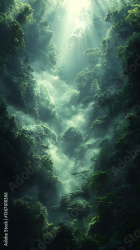 Sunlight Through Misty Trees Illuminating a Lush Forest Valley